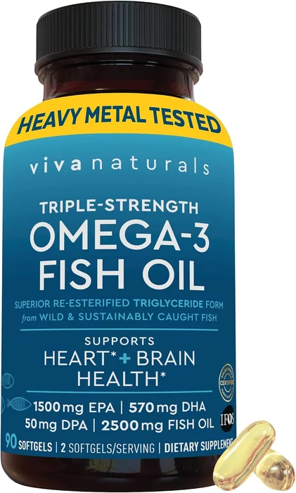 Viva Naturals Triple-Strength Omega-3 Fish Oil bottle, 90 softgels, with one softgel beside it